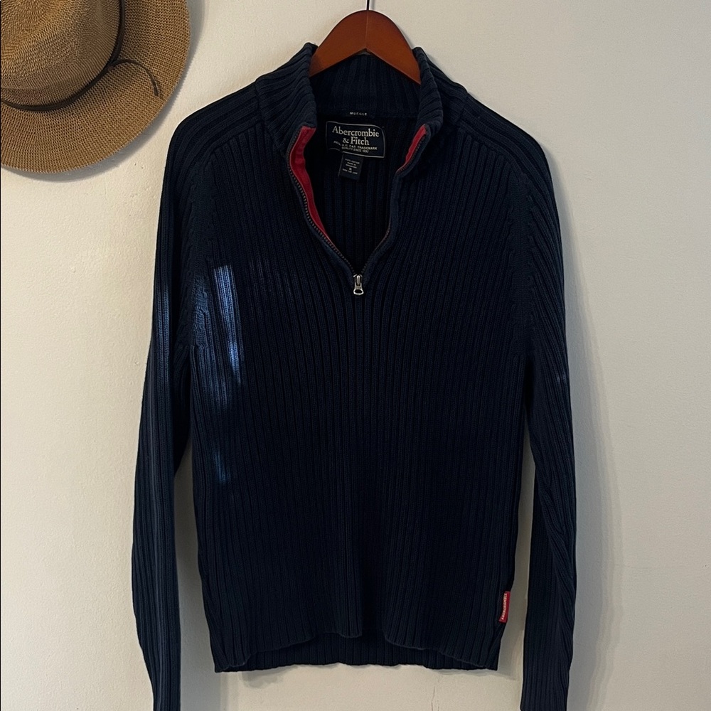 Abercrombie & Fitch Navy Ribbed Half-Zip Sweater with Red Trim